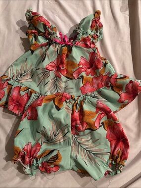 Hawaii's Finest Mint Tropical Floral Romper with Pink & Orange Blooms